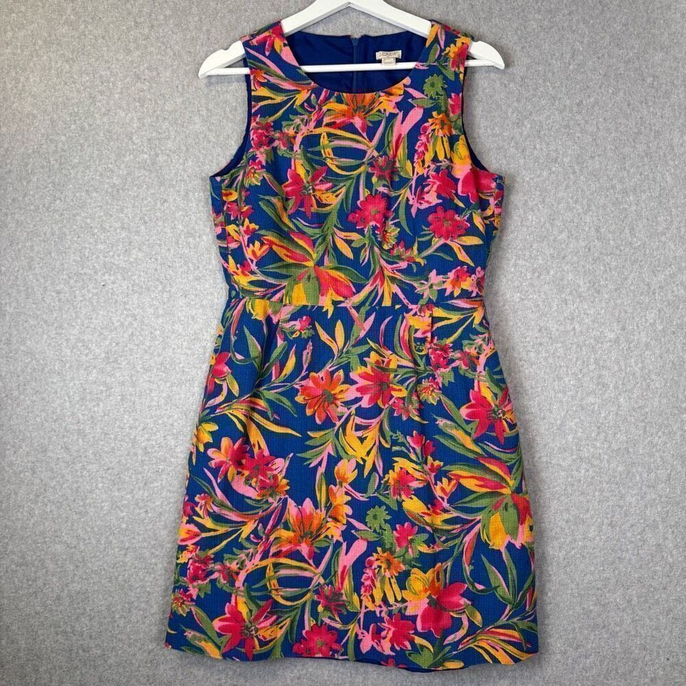 J Crew Womens Size 6 Sleeveless Sheath Dress Blue Pink Tropical Print Cruise